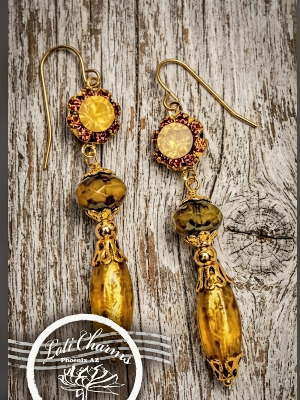 Victorian Yellow Swarovski Crystal & Yellow Gold Etched  Gold Plated Earrings